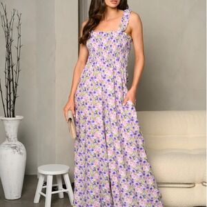 Women's Floral Print Square Neck Linen Blend Wide Leg Jumpsuit NWT